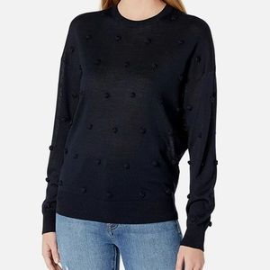 Theory Wool Blend Pom-Pom Embellishments Navy Blue Crewneck Pullover